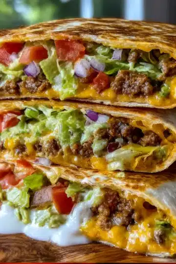 Copycat Crunchwrap Supreme with crispy tortilla, seasoned beef, nacho cheese, lettuce, tomatoes, and sour cream
