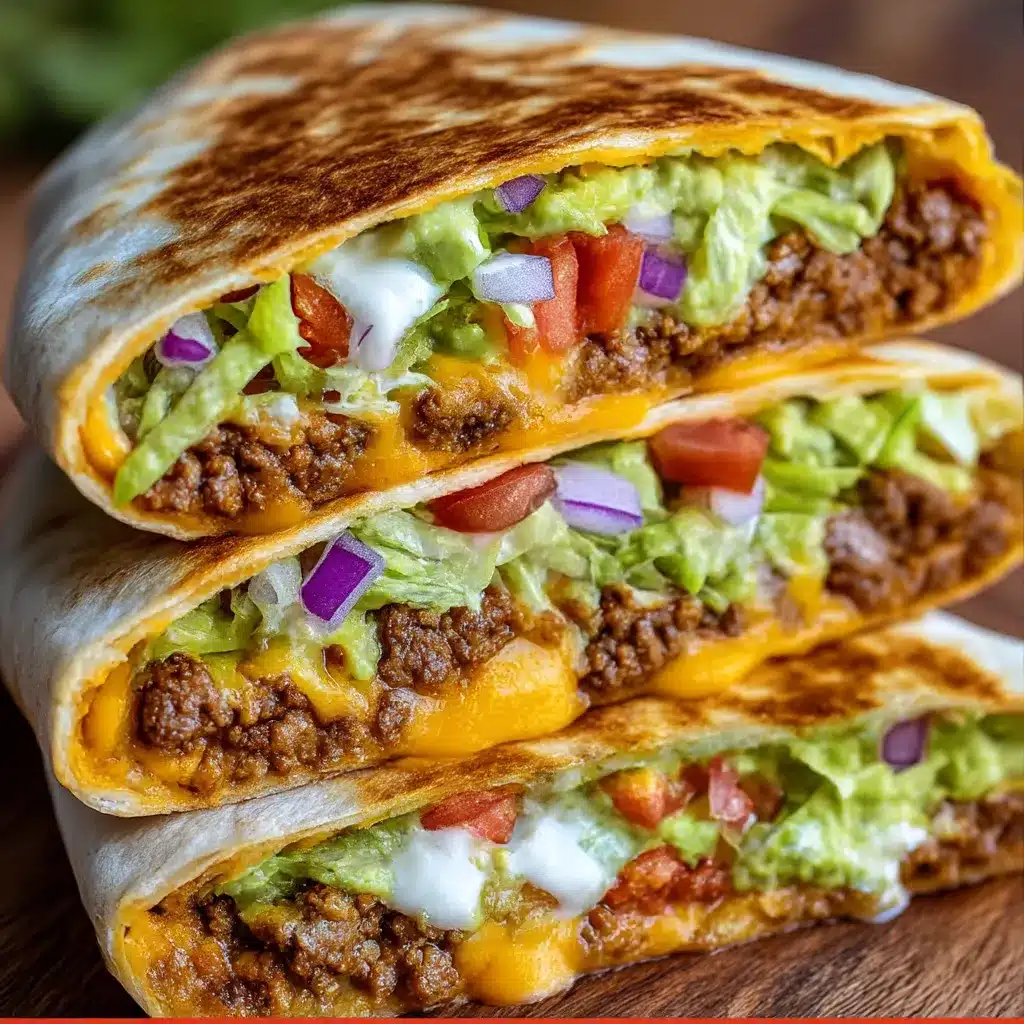 Copycat Crunchwrap Supreme with crispy tortilla, seasoned beef, nacho cheese, lettuce, tomatoes, and sour cream