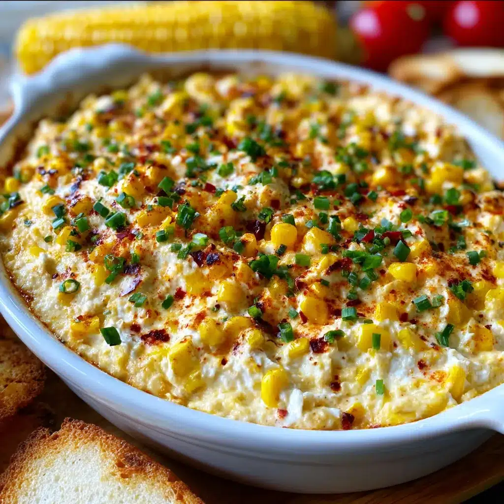 Baked creamy corn dip with cream cheese in a baking dish, golden and bubbly on top.