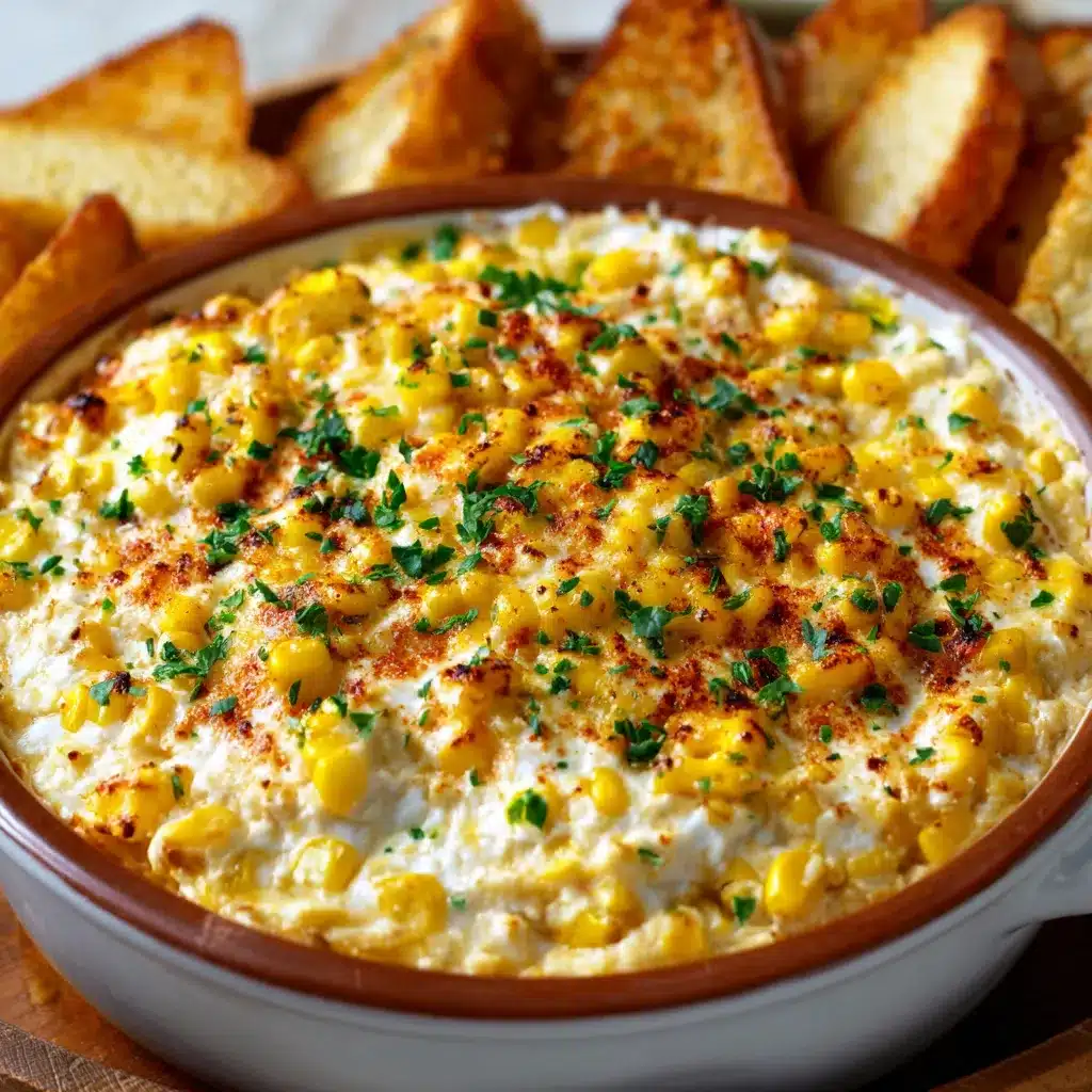 Baked creamy corn dip with cream cheese in a baking dish, golden and bubbly on top.