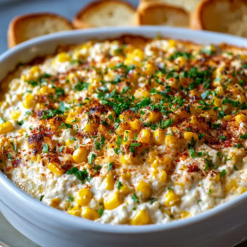 Baked creamy corn dip with cream cheese in a baking dish, golden and bubbly on top.