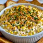 Baked creamy corn dip with cream cheese in a baking dish, golden and bubbly on top.