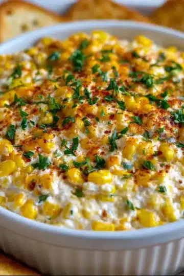Baked creamy corn dip with cream cheese in a baking dish, golden and bubbly on top.