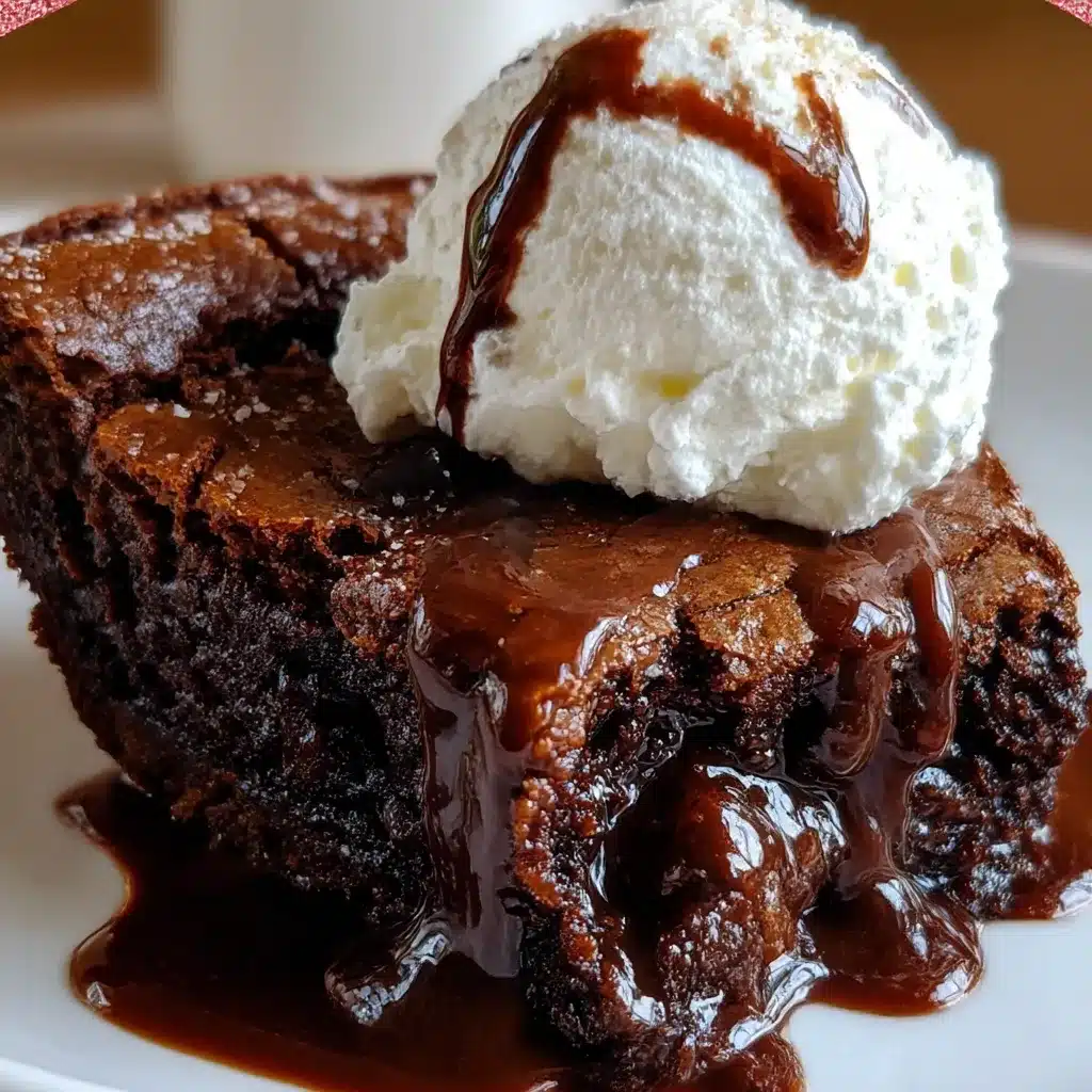 Slice of gooey brownie pie with crisp edges and chocolate chips, served with vanilla ice cream