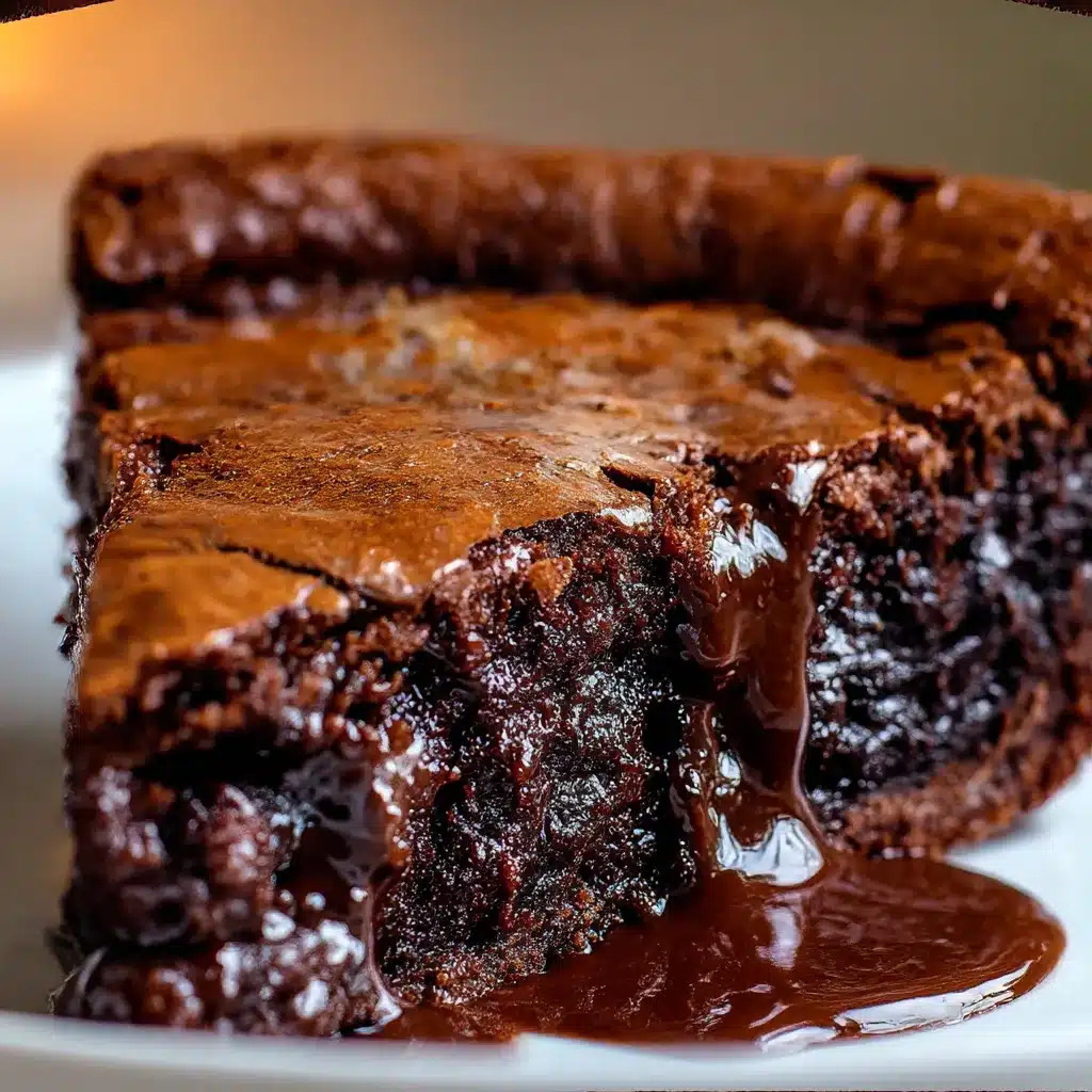 Slice of gooey brownie pie with crisp edges and chocolate chips, served with vanilla ice cream