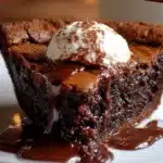 Slice of gooey brownie pie with crisp edges and chocolate chips, served with vanilla ice cream