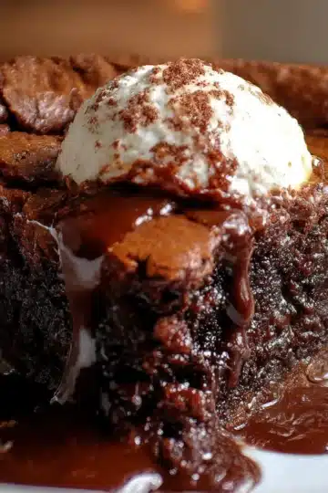 Slice of gooey brownie pie with crisp edges and chocolate chips, served with vanilla ice cream