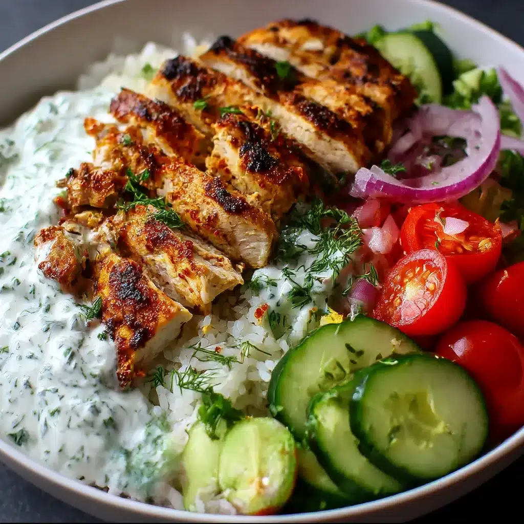 Grilled chicken rice bowl with tzatziki sauce and fresh vegetables