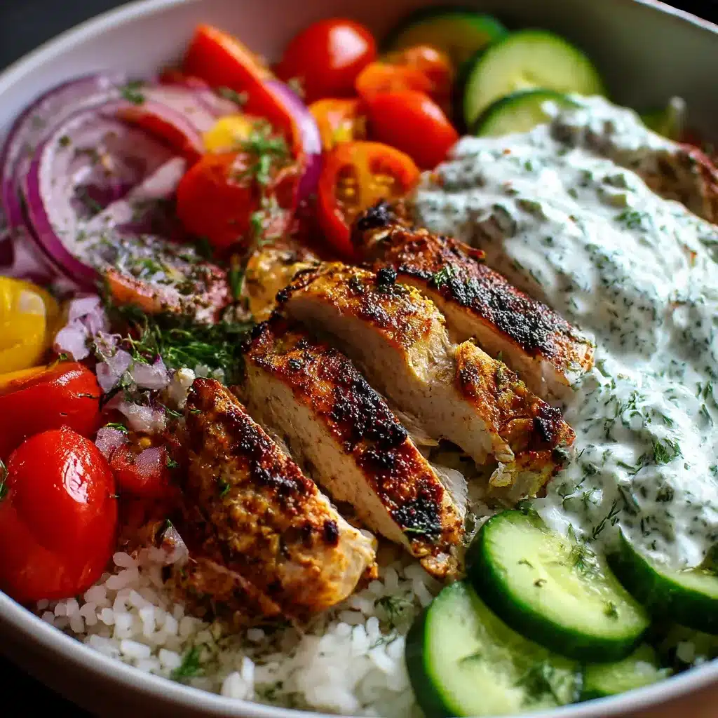 Grilled chicken rice bowl with tzatziki sauce and fresh vegetables