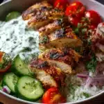 Grilled chicken rice bowl with tzatziki sauce and fresh vegetables