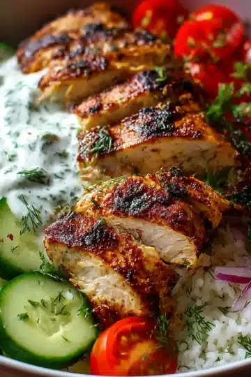 Grilled chicken rice bowl with tzatziki sauce and fresh vegetables
