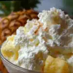Hawaiian Pineapple Coconut Fluff in bowl with shredded coconut and pineapple garnish