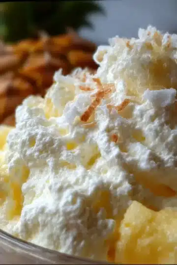 Hawaiian Pineapple Coconut Fluff in bowl with shredded coconut and pineapple garnish