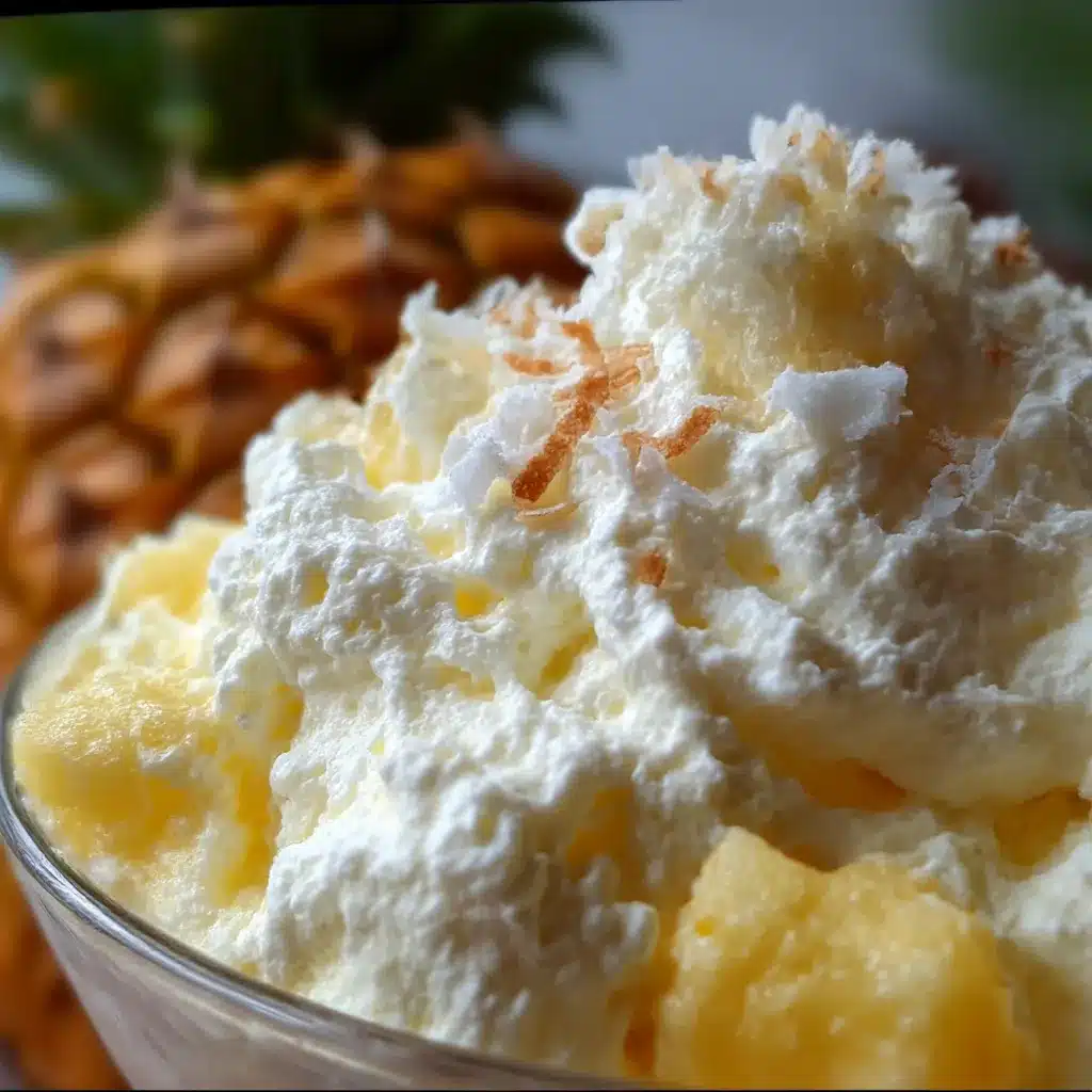 Hawaiian Pineapple Coconut Fluff in bowl with shredded coconut and pineapple garnish