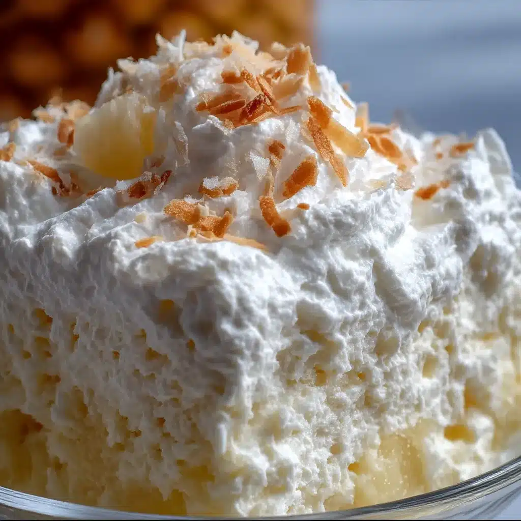 Hawaiian Pineapple Coconut Fluff in bowl with shredded coconut and pineapple garnish