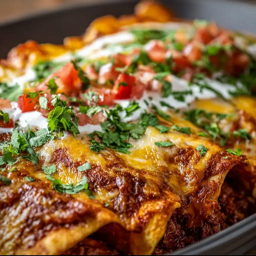 Lazy enchiladas in a skillet topped with melted cheese and fresh cilantro