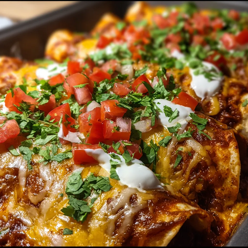 Lazy enchiladas in a skillet topped with melted cheese and fresh cilantro