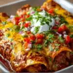 Lazy enchiladas in a skillet topped with melted cheese and fresh cilantro