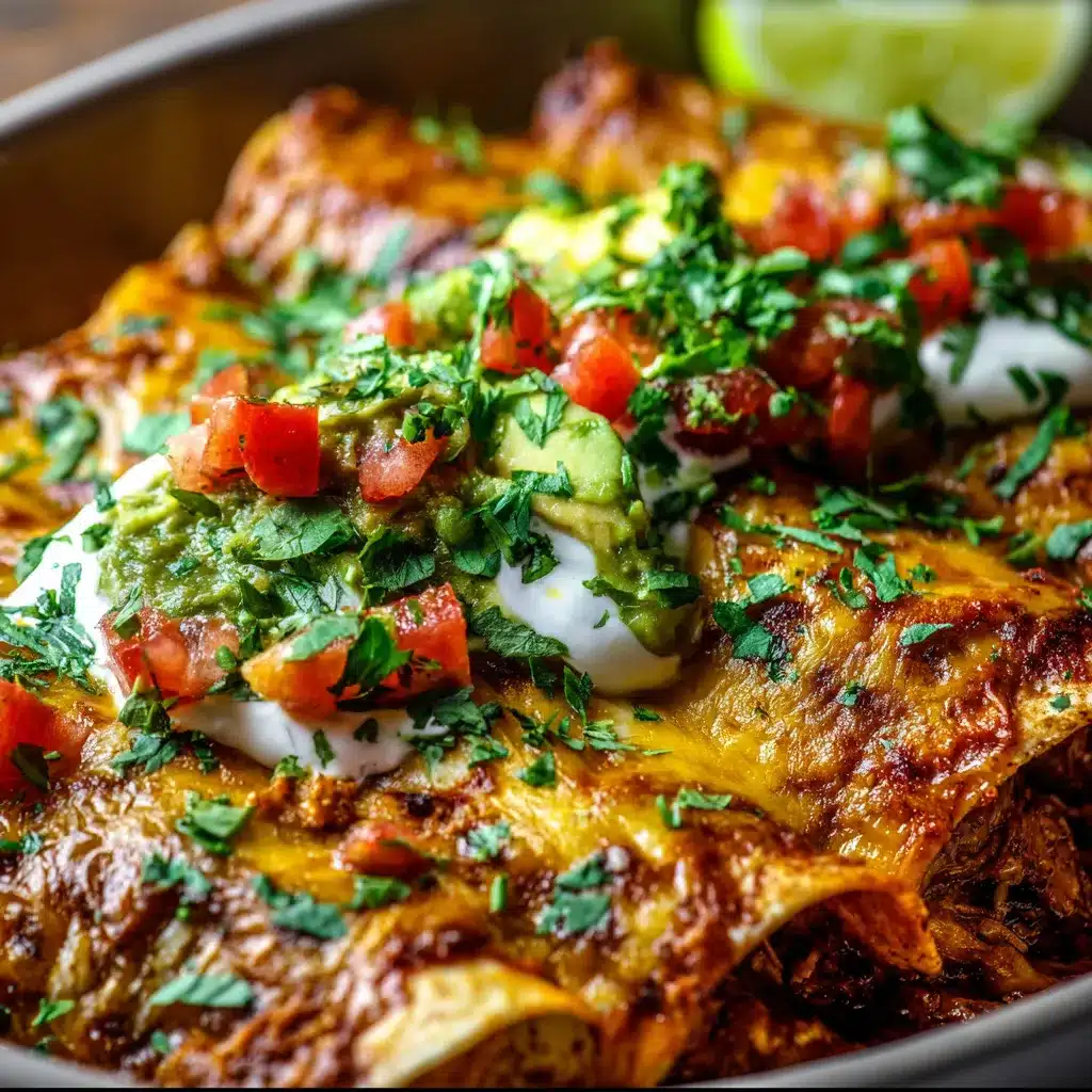 Lazy enchiladas in a skillet topped with melted cheese and fresh cilantro
