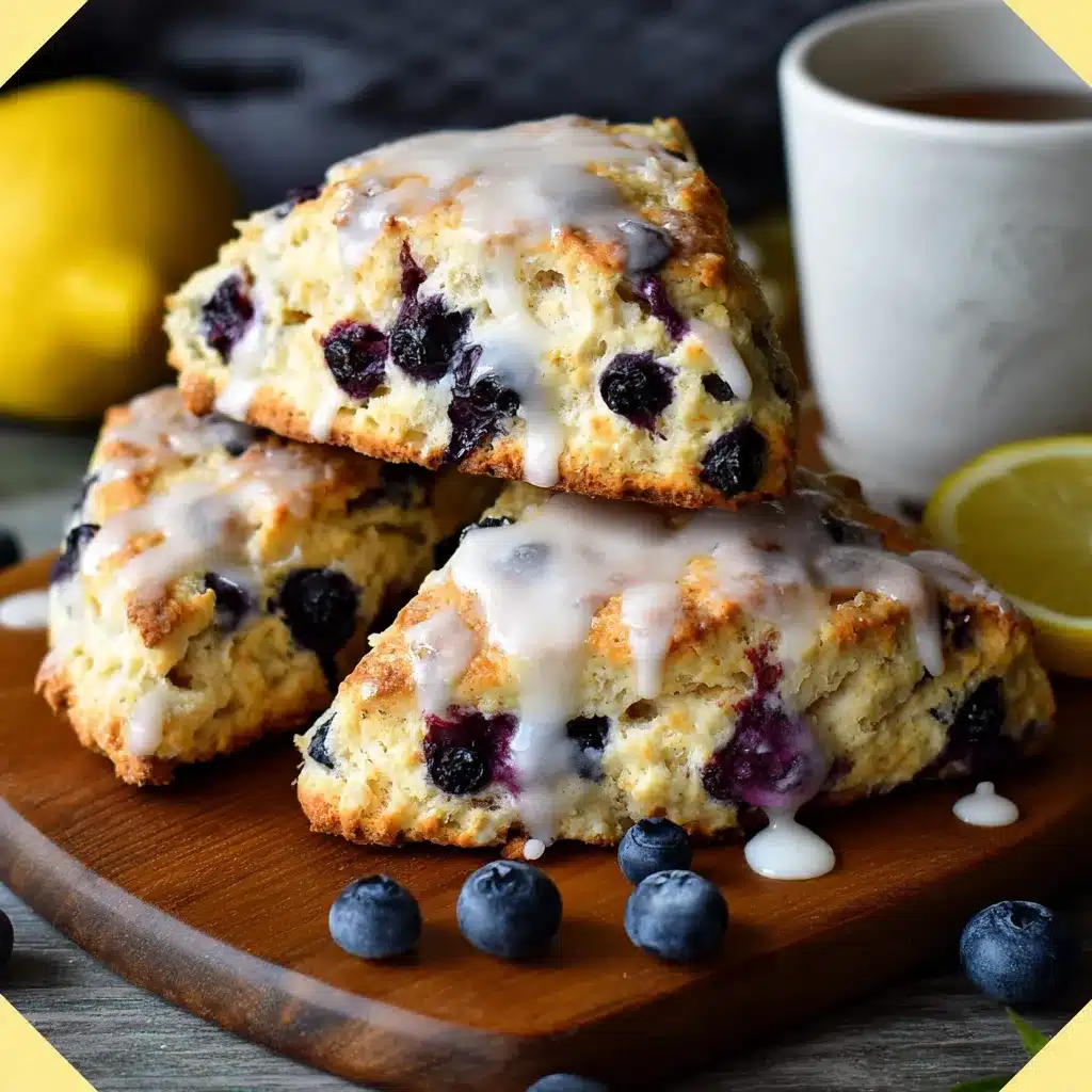Soft lemon blueberry scones with fresh blueberries and lemon glaze on a baking sheet