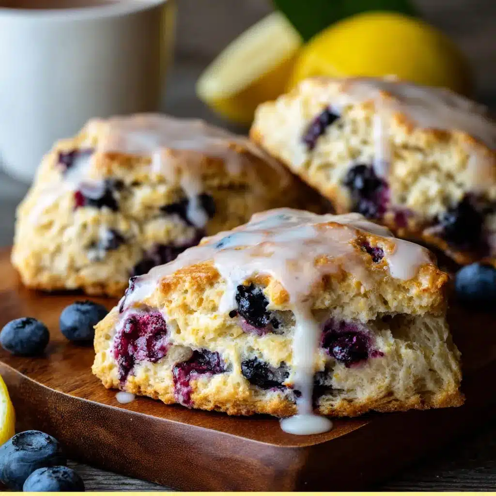Soft lemon blueberry scones with fresh blueberries and lemon glaze on a baking sheet