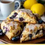 Soft lemon blueberry scones with fresh blueberries and lemon glaze on a baking sheet