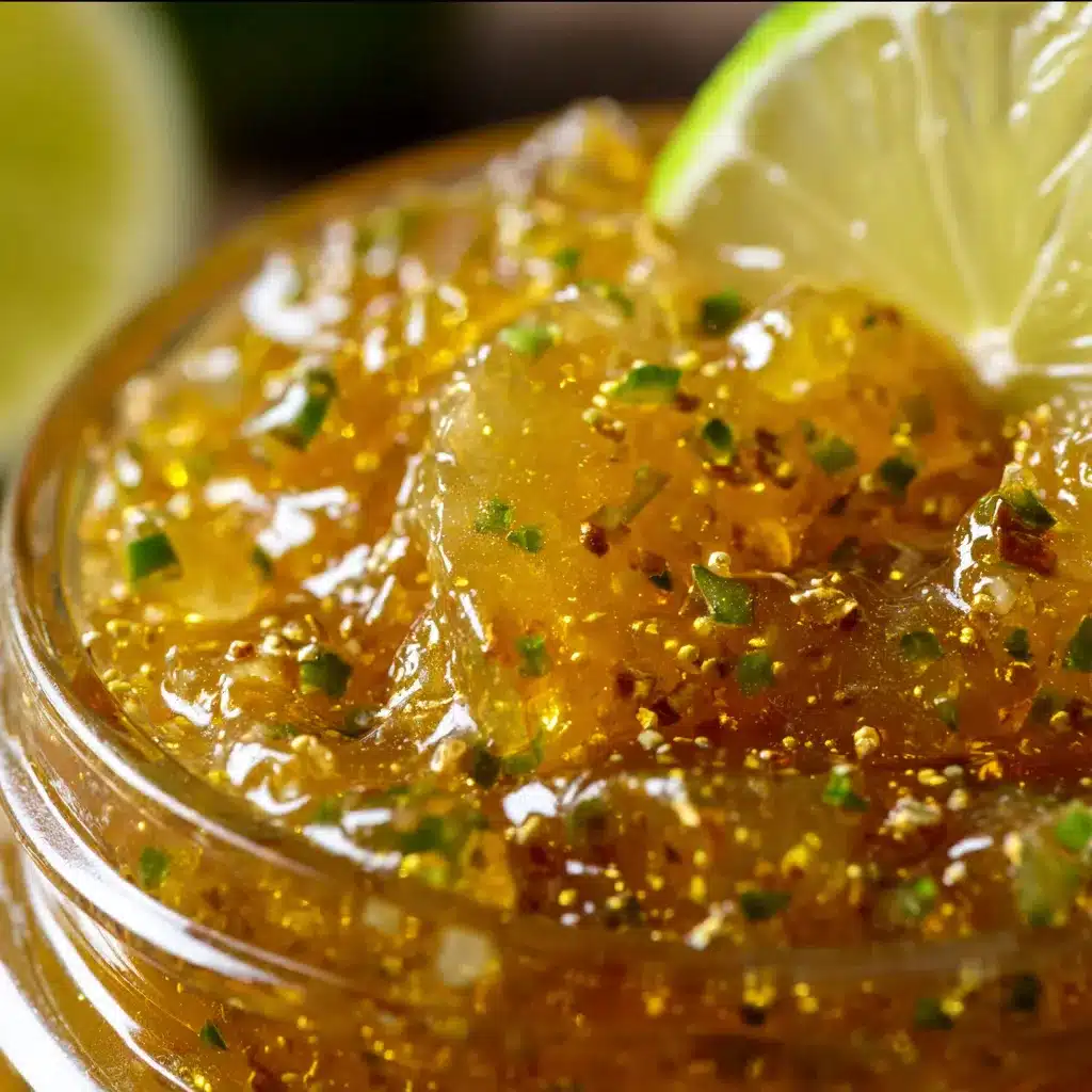 Lemon Zest Jalapeño Shine Jelly in a glass jar with fresh lemons and sliced jalapeños