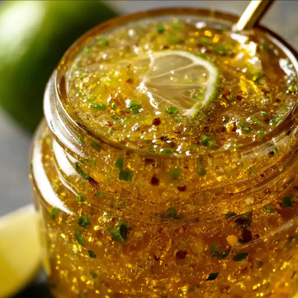 Lemon Zest Jalapeño Shine Jelly in a glass jar with fresh lemons and sliced jalapeños