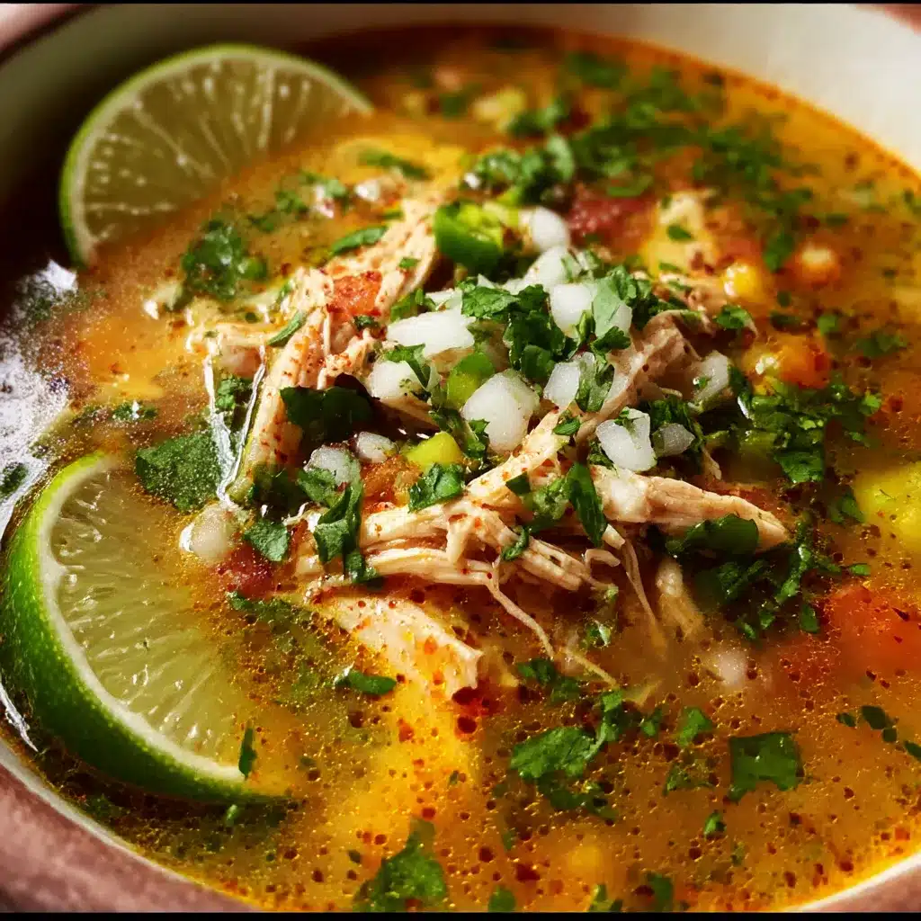 Bowl of Mexican Chicken Soup with cilantro and lime