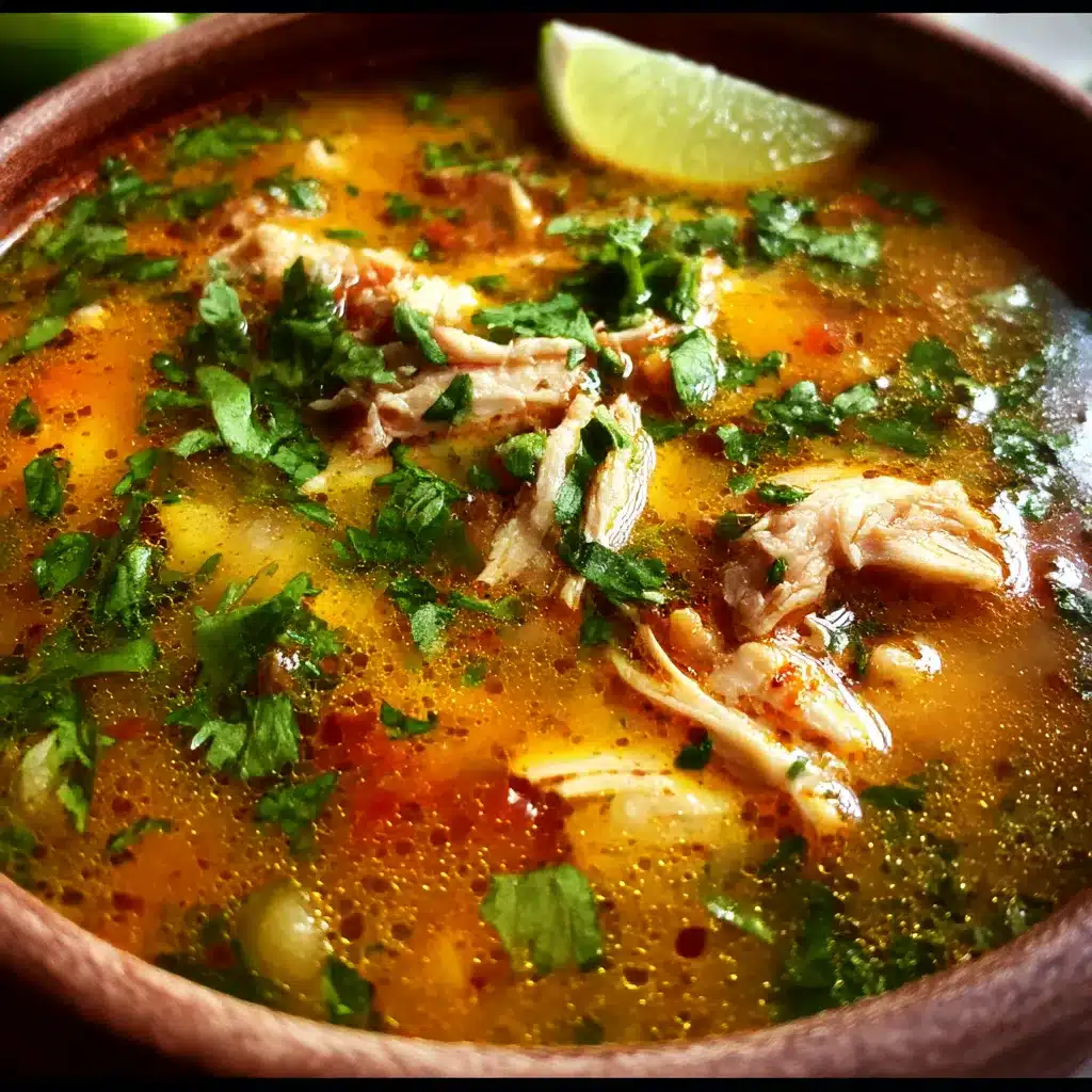 Bowl of Mexican Chicken Soup with cilantro and lime