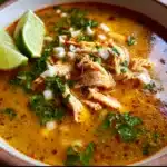 Bowl of Mexican Chicken Soup with cilantro and lime