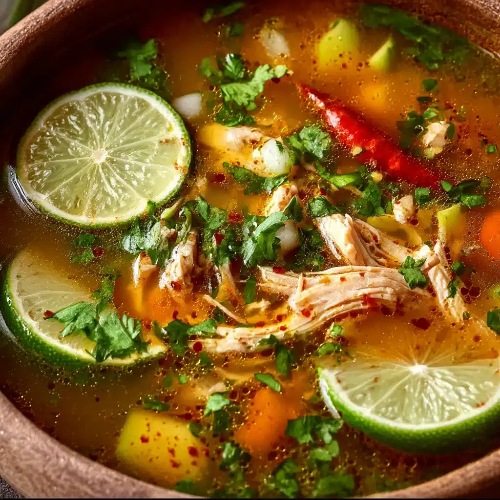 Bowl of Mexican Chicken Soup with cilantro and lime