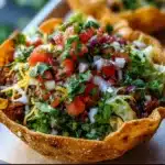 Golden crispy tortilla nest filled with seasoned taco meat, rice, beans, fresh lettuce, tomatoes, cheese, and creamy sauce.