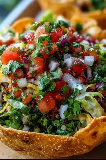 Golden crispy tortilla nest filled with seasoned taco meat, rice, beans, fresh lettuce, tomatoes, cheese, and creamy sauce.
