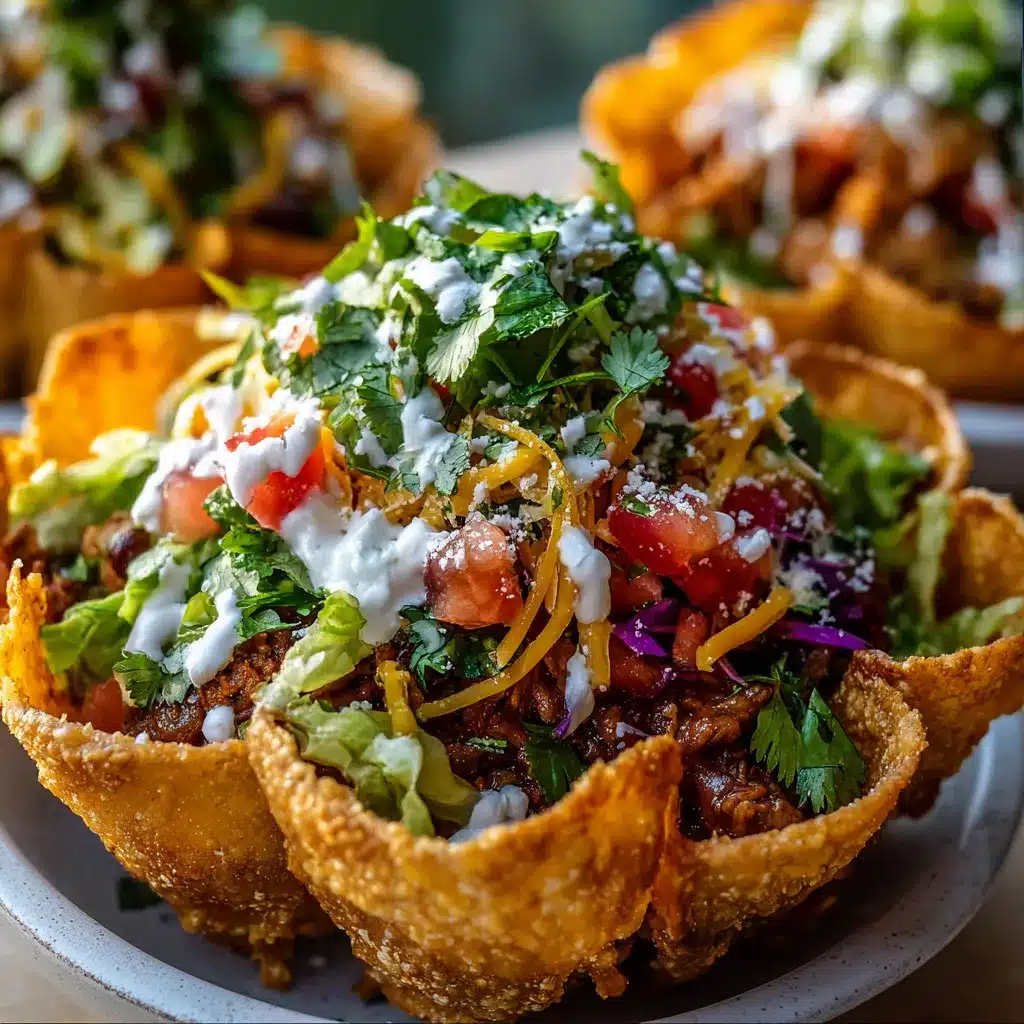Golden crispy tortilla nest filled with seasoned taco meat, rice, beans, fresh lettuce, tomatoes, cheese, and creamy sauce.
