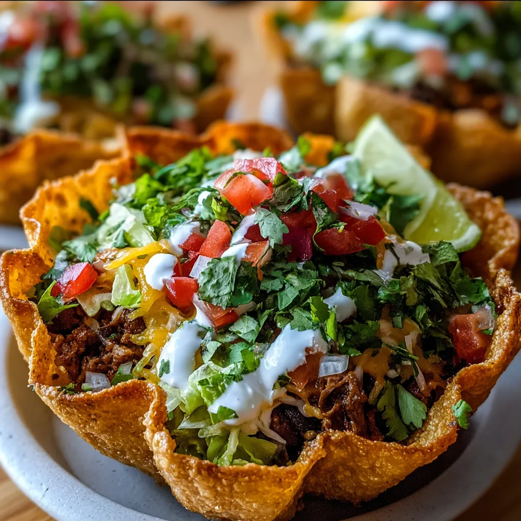Golden crispy tortilla nest filled with seasoned taco meat, rice, beans, fresh lettuce, tomatoes, cheese, and creamy sauce.