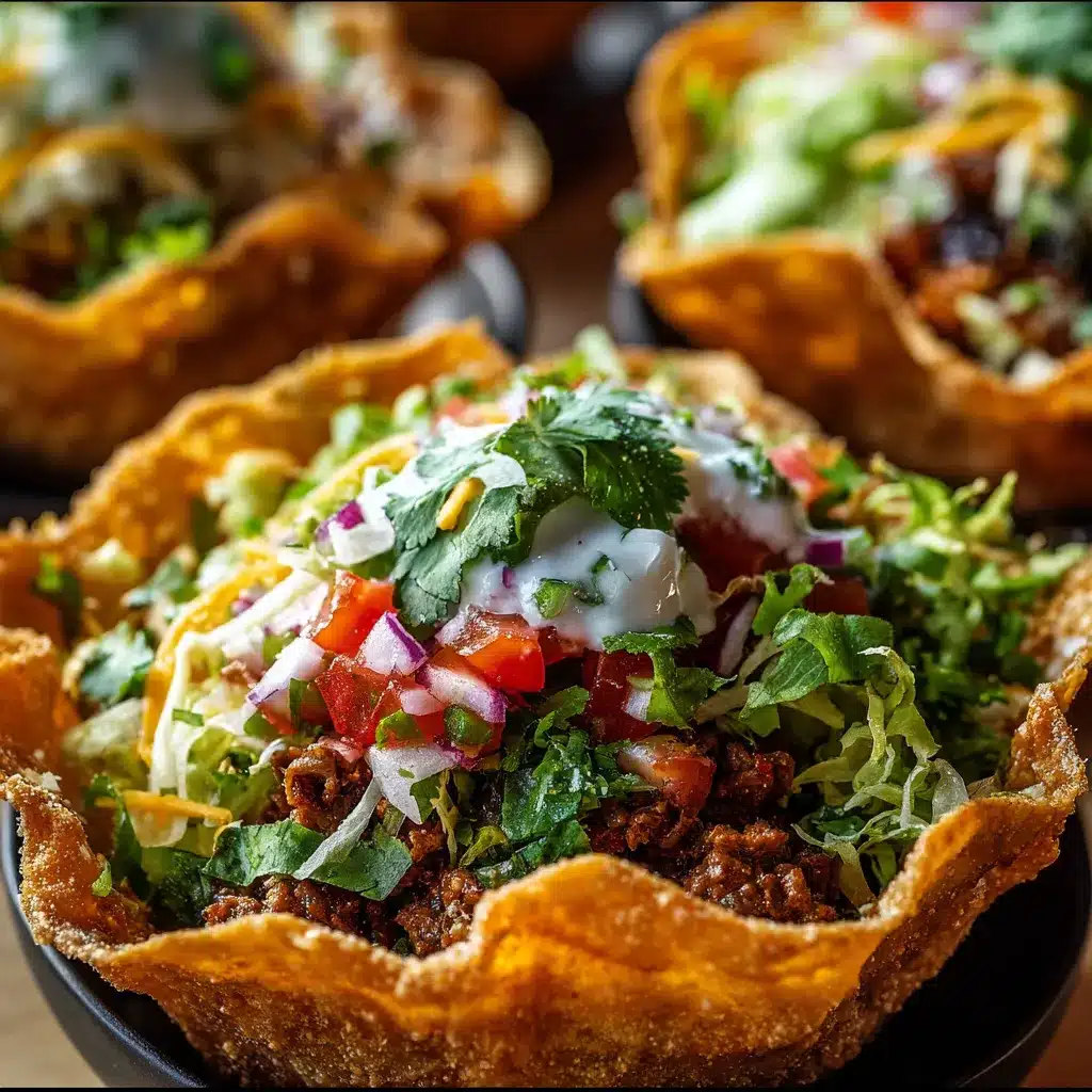 Golden crispy tortilla nest filled with seasoned taco meat, rice, beans, fresh lettuce, tomatoes, cheese, and creamy sauce.