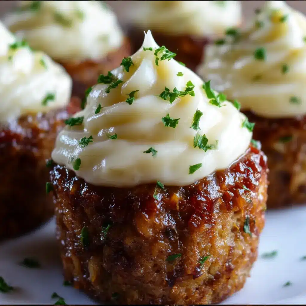 Mini Meatloaf Muffins with Mashed Potato Frosting — savory individual meatloaf cups topped with creamy mashed potatoes and garnished with parsley.