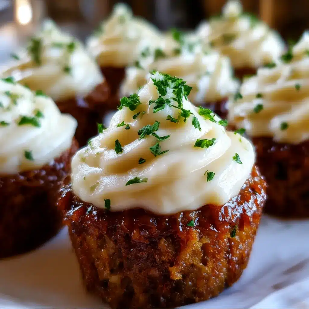 Mini Meatloaf Muffins with Mashed Potato Frosting — savory individual meatloaf cups topped with creamy mashed potatoes and garnished with parsley.