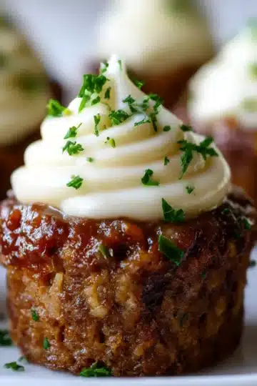 Mini Meatloaf Muffins with Mashed Potato Frosting — savory individual meatloaf cups topped with creamy mashed potatoes and garnished with parsley.