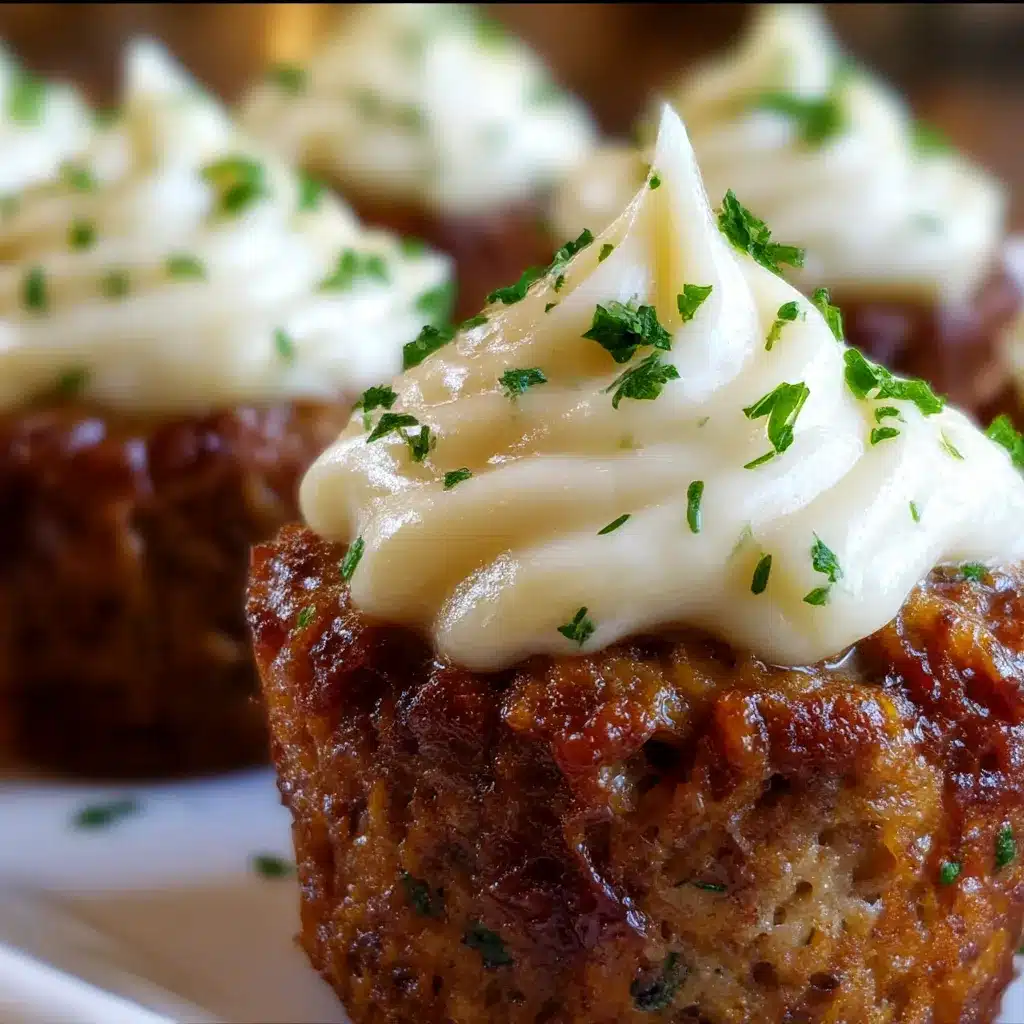 Mini Meatloaf Muffins with Mashed Potato Frosting — savory individual meatloaf cups topped with creamy mashed potatoes and garnished with parsley.