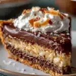 No-bake German chocolate pie slice with coconut and pecans in a chocolate cookie crust
