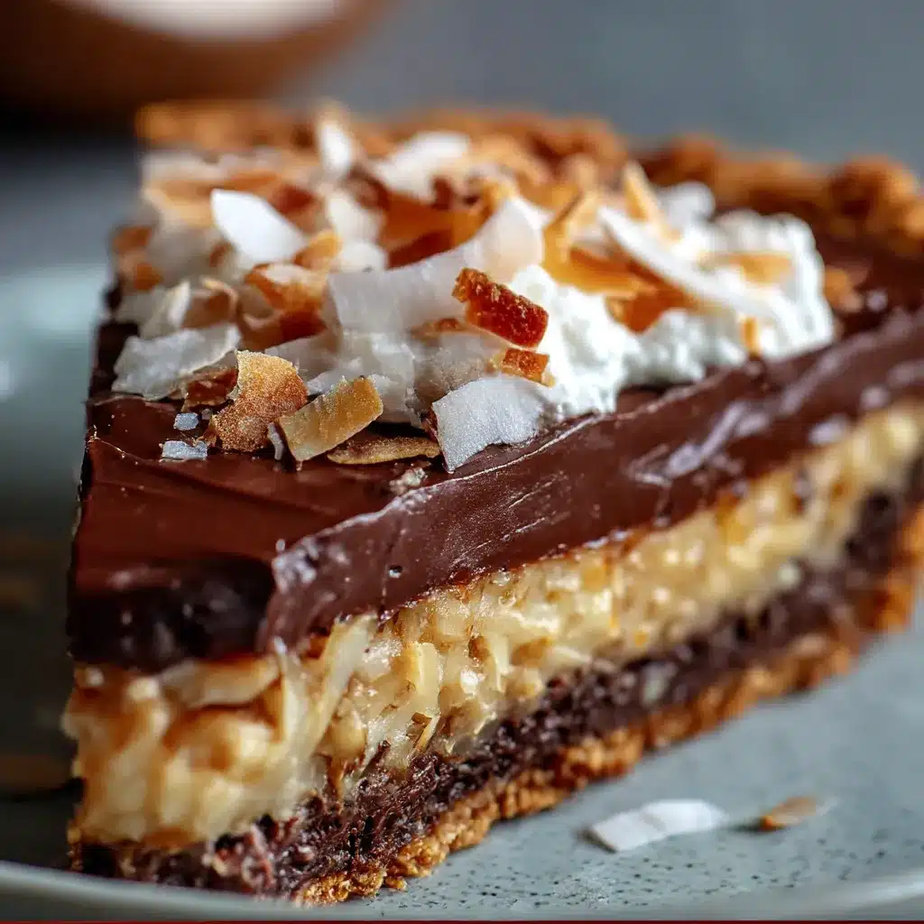 No-bake German chocolate pie slice with coconut and pecans in a chocolate cookie crust