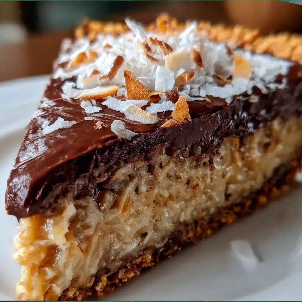 No-bake German chocolate pie slice with coconut and pecans in a chocolate cookie crust