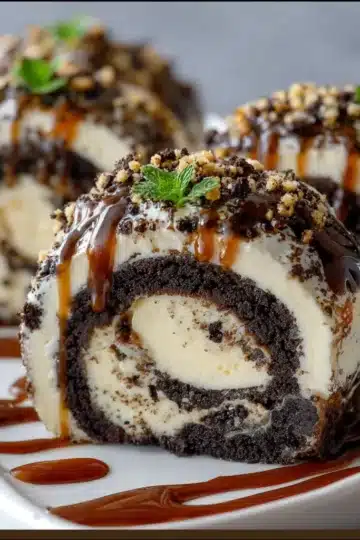 Oreo Cream Cheese Cheesecake Sushi Roll sliced into bite-sized pieces with chocolate drizzle