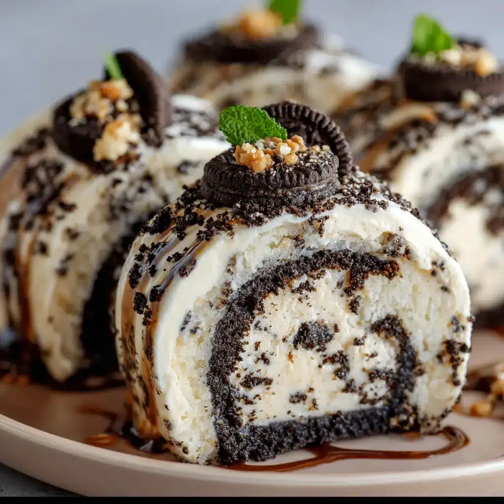 Oreo Cream Cheese Cheesecake Sushi Roll sliced into bite-sized pieces with chocolate drizzle