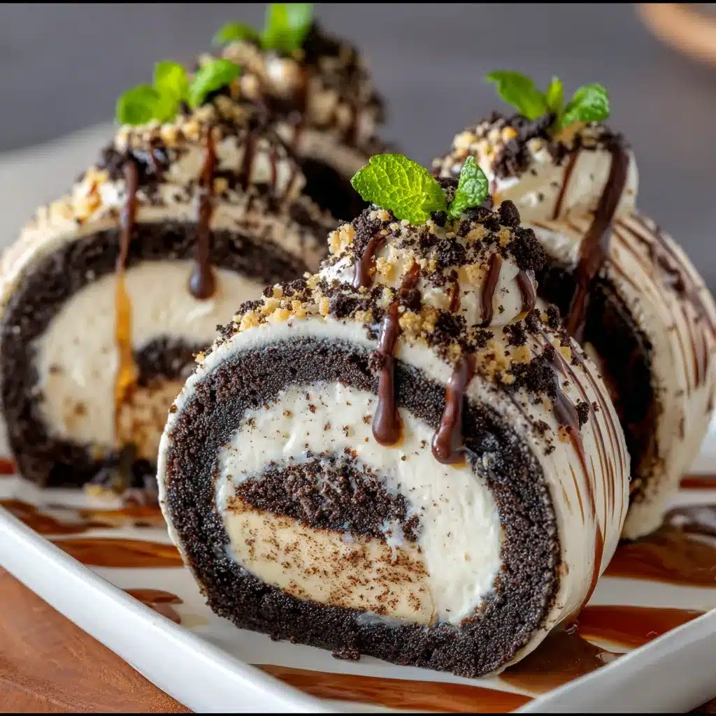 Oreo Cream Cheese Cheesecake Sushi Roll sliced into bite-sized pieces with chocolate drizzle