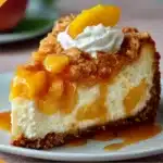 Slice of Peach Cobbler Cheesecake with golden crumble topping