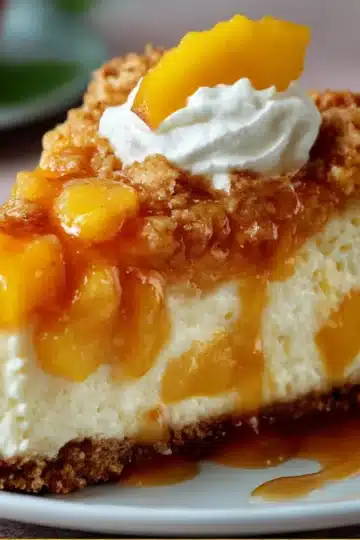 Slice of Peach Cobbler Cheesecake with golden crumble topping