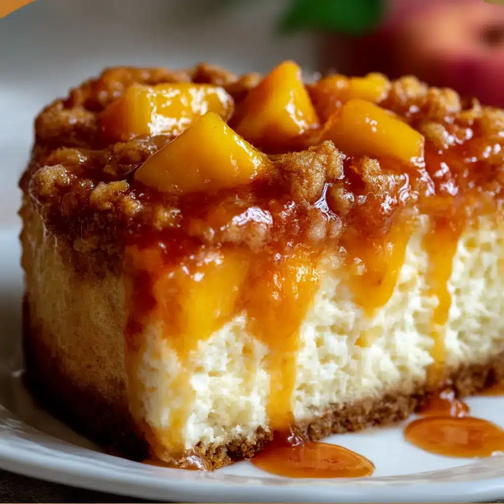 Slice of Peach Cobbler Cheesecake with golden crumble topping